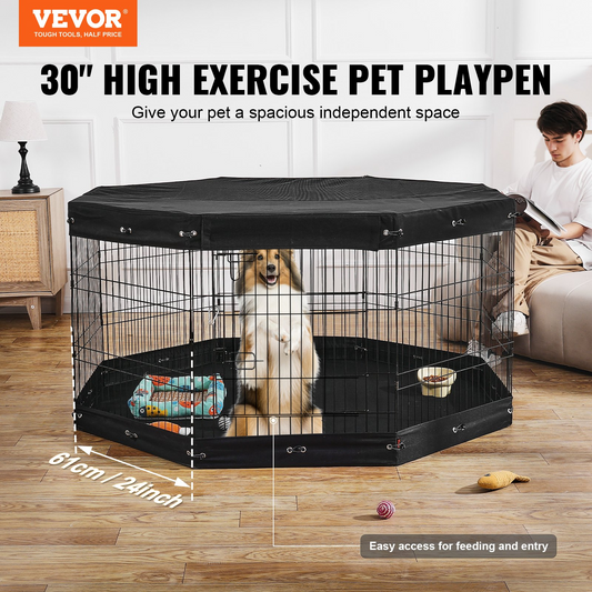 Dog Playpen 8 Panels Foldable Metal Dog Exercise Pen with Pad Cover 30"H