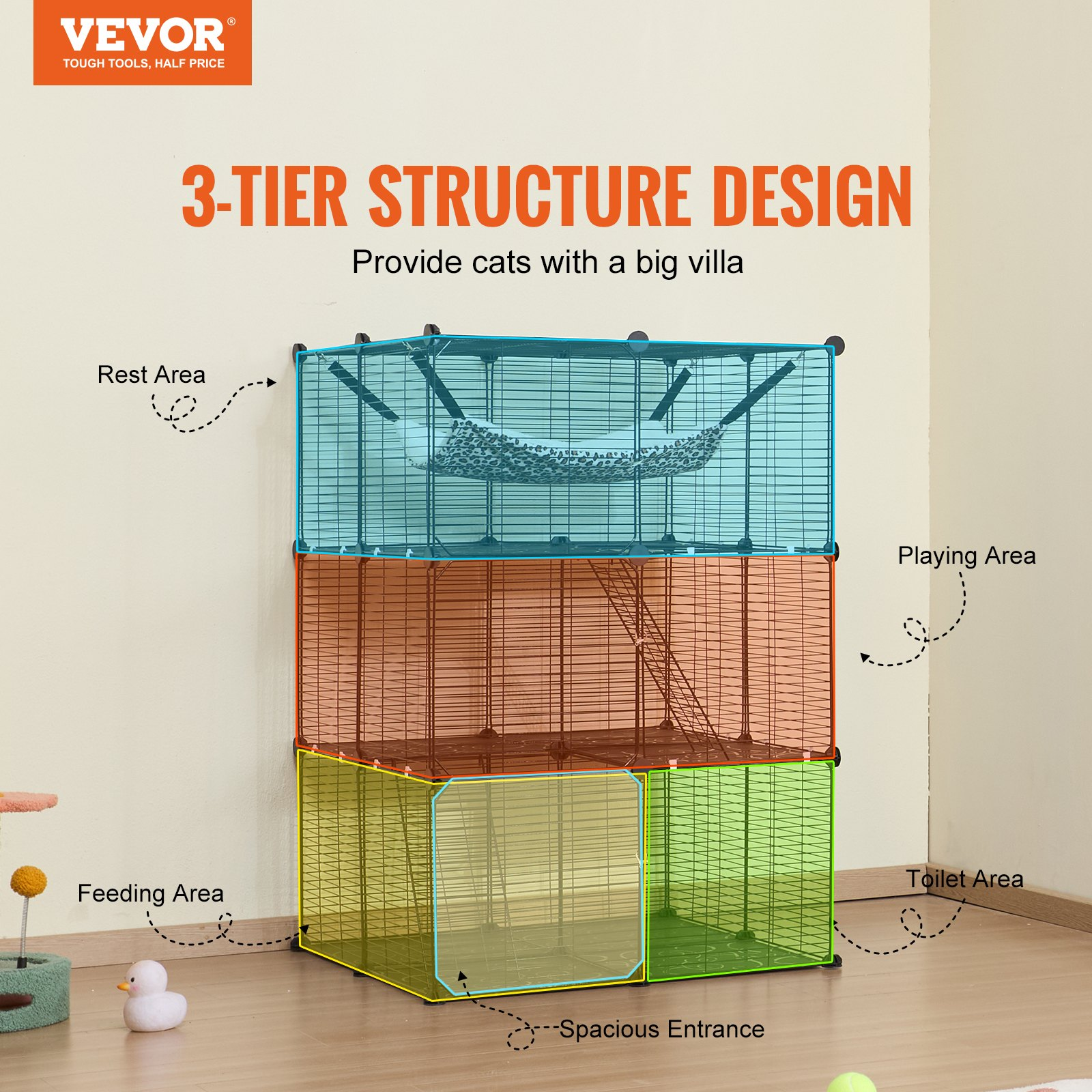 Large 3-tier Cat Cage 28 x 28 x 41" Metal Wire Playpen Catio with Hammock