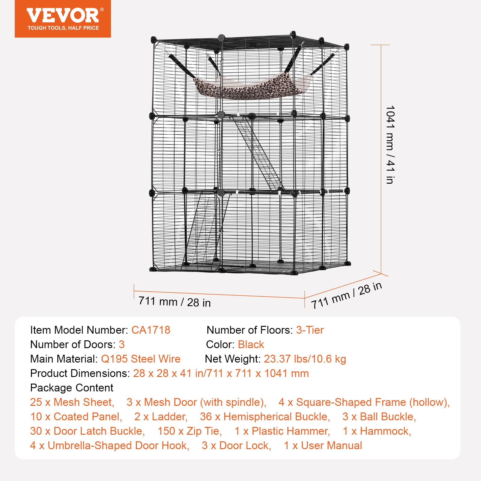 Large 3-tier Cat Cage 28 x 28 x 41" Metal Wire Playpen Catio with Hammock