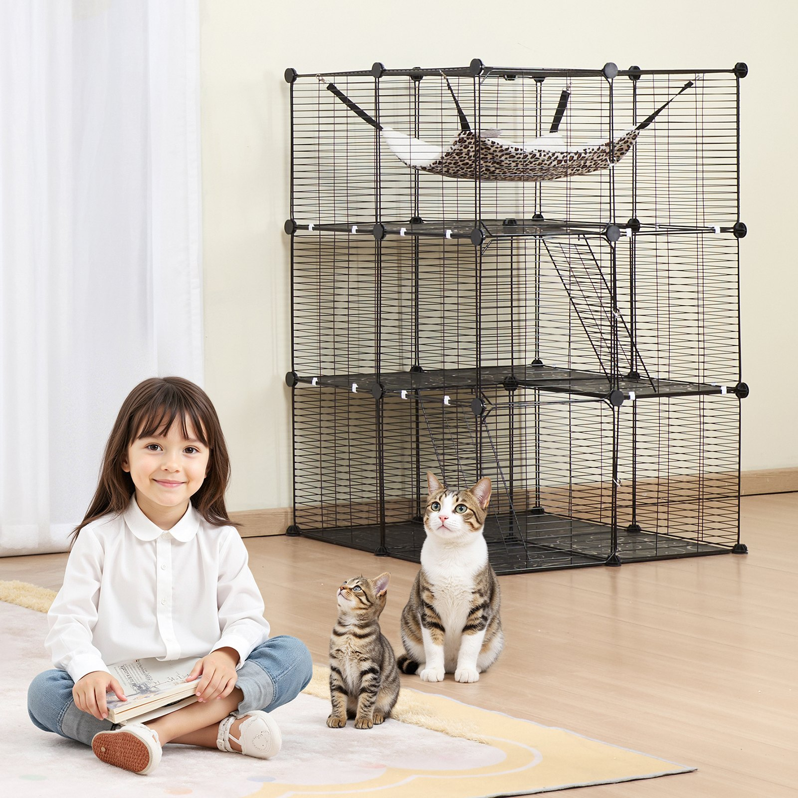 Large 3-tier Cat Cage 28 x 28 x 41" Metal Wire Playpen Catio with Hammock