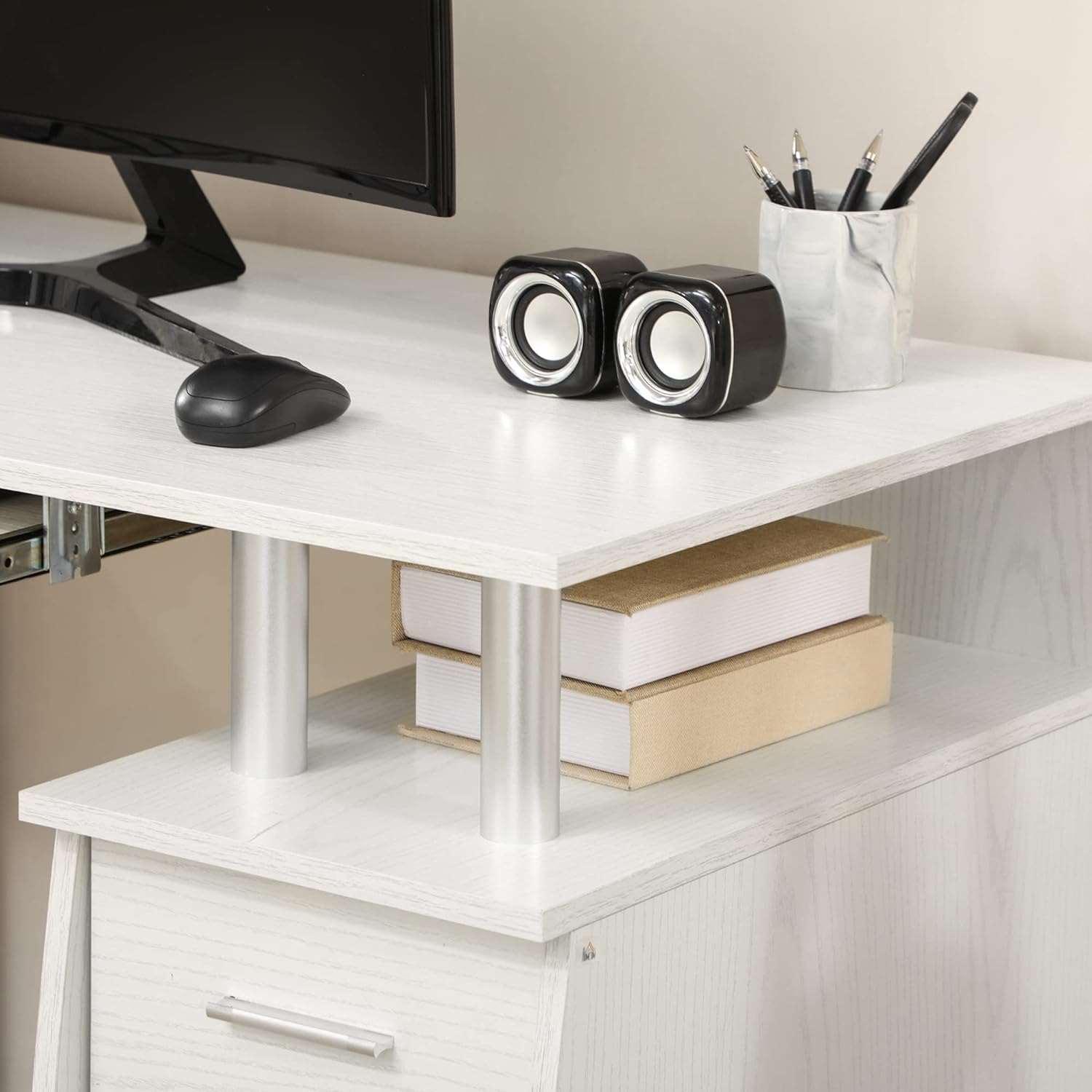 47-Inch Home Office Computer Desk with Storage Drawers and Keyboard Tray, White - Furniture4Design