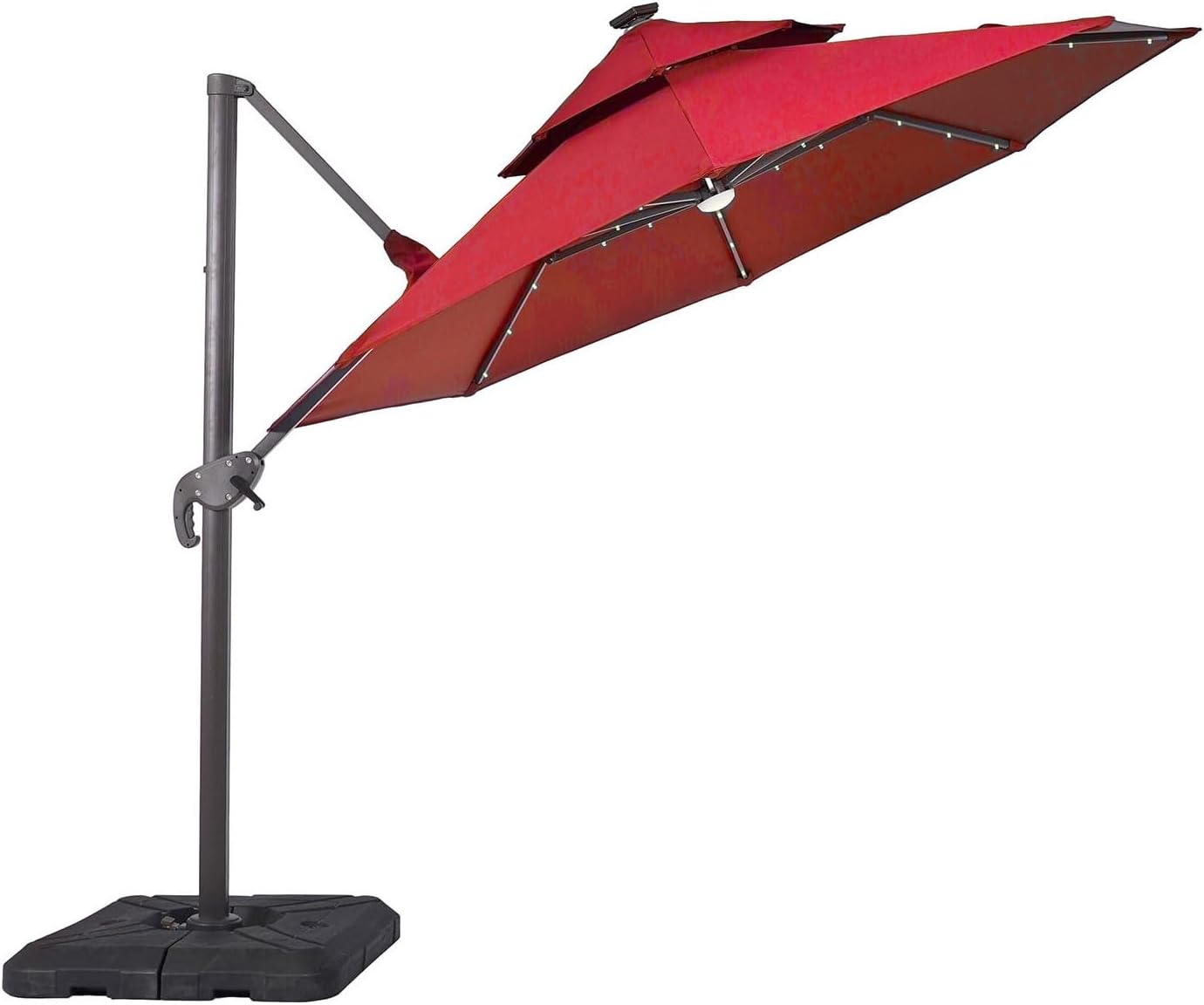 Furniture of America Vauren 10 ft Outdoor Patio Umbrella, LED Light, UV-resistant, Tilt, Crank, Double Canopy, Solar Panel for Yard, Porch, Pool, Deck, Garden, Beige