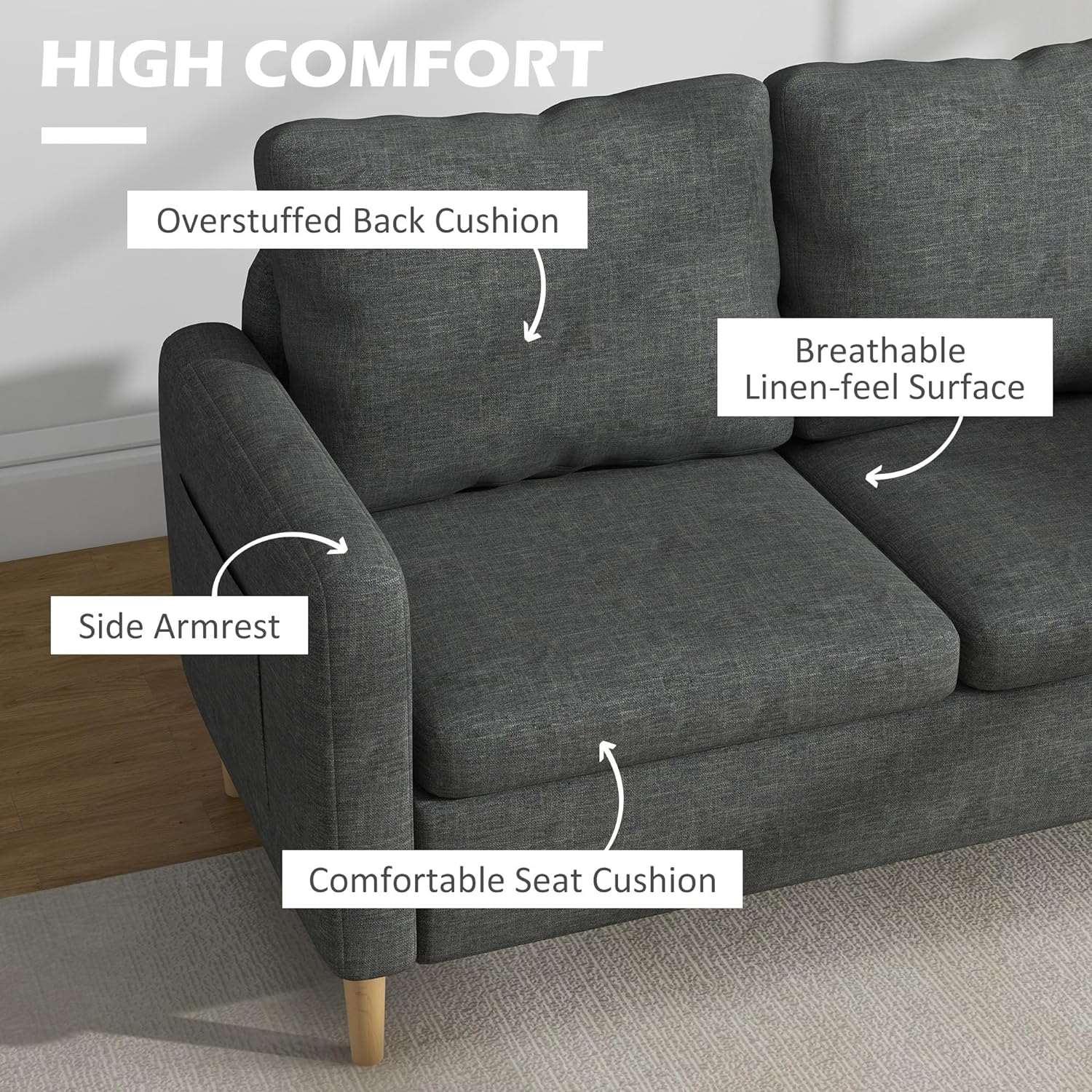 56 Loveseat Sofa for Bedroom with Side Pockets, Grey - Furniture4Design