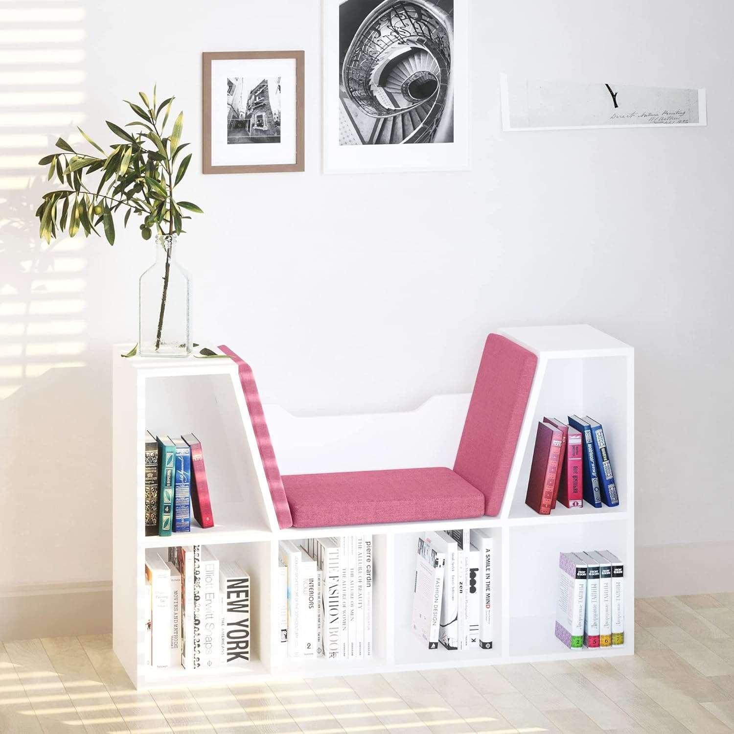 6-Cubby Kids Bookcase with Seat Cushion, Corner Bookcase with Reading Nook - Pink - Furniture4Design