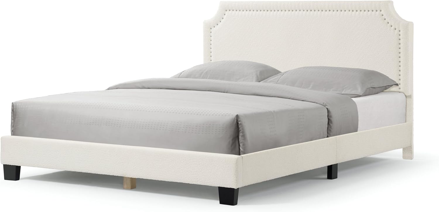 Furniture of America Vivienne Modern Boucle Cadre de lit plateforme Queen avec tête de lit réglable et pieds en bois massif pour chambre à coucher, chambre d'amis, assemblage facile, pas besoin de sommier, blanc