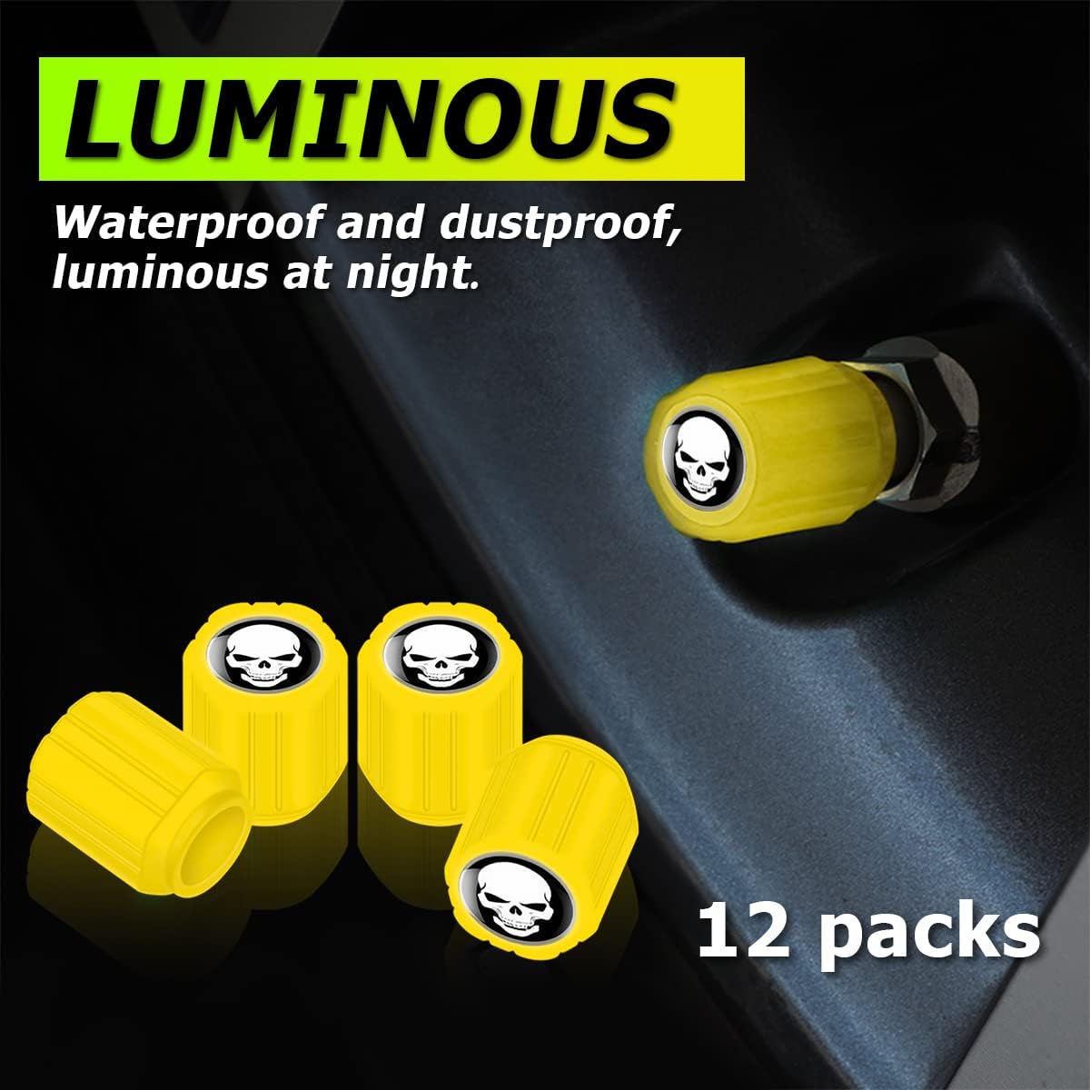 12PCS Fluorescent Skull Car Tire Valve Stem Caps, ABS Corrosion Resistant Wheel Valve Cover, Luminous Illuminated Cap Glow in The Dark, Auto Decor Accessories for Motorcycles Bicycles (Yellow/White)