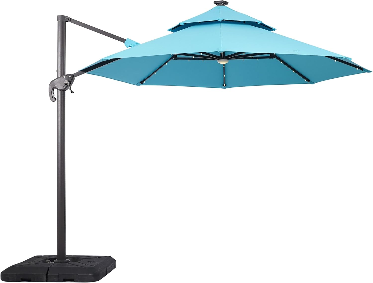 Furniture of America Vauren 10 ft Outdoor Patio Umbrella, LED Light, UV-resistant, Tilt, Crank, Double Canopy, Solar Panel for Yard, Porch, Pool, Deck, Garden, Teal