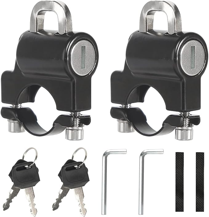 Motorbike Helmet Lock, 2 Piece Universal Motorcycle Helmet Lock with Key, Handlebar Helmet Lock Set for Motorcycle Bike Scooter 22-25mm Handlebar Hose Black