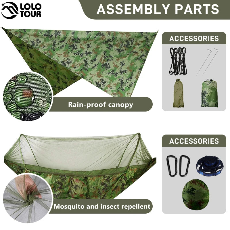 Camping Hammock With Mosquito Net and Rain Fly Portable Double Hammock With Bug Net and Tent Tarp Tree Straps for Travel Camping