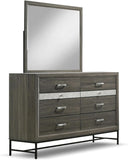 Ensemble de chambre à coucher 5 pièces à cadre en bois Kindering de Furniture of America, tiroirs de rangement pour pied de lit king-size et tête de lit rembourrée, rangement pour bijoux sur caisse, prêt pour matelas, gris