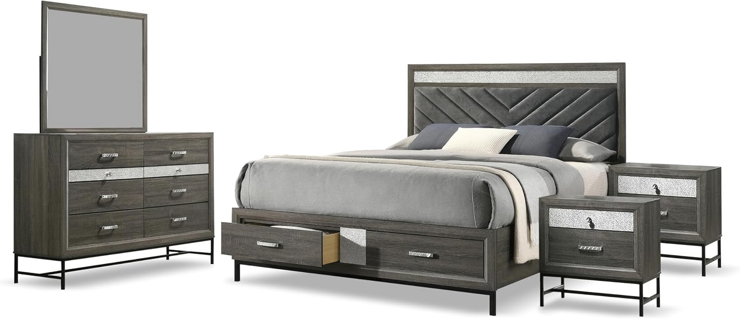 Ensemble de chambre à coucher 5 pièces à cadre en bois Kindering de Furniture of America, tiroirs de rangement pour pied de lit king-size et tête de lit rembourrée, rangement pour bijoux sur caisse, prêt pour matelas, gris