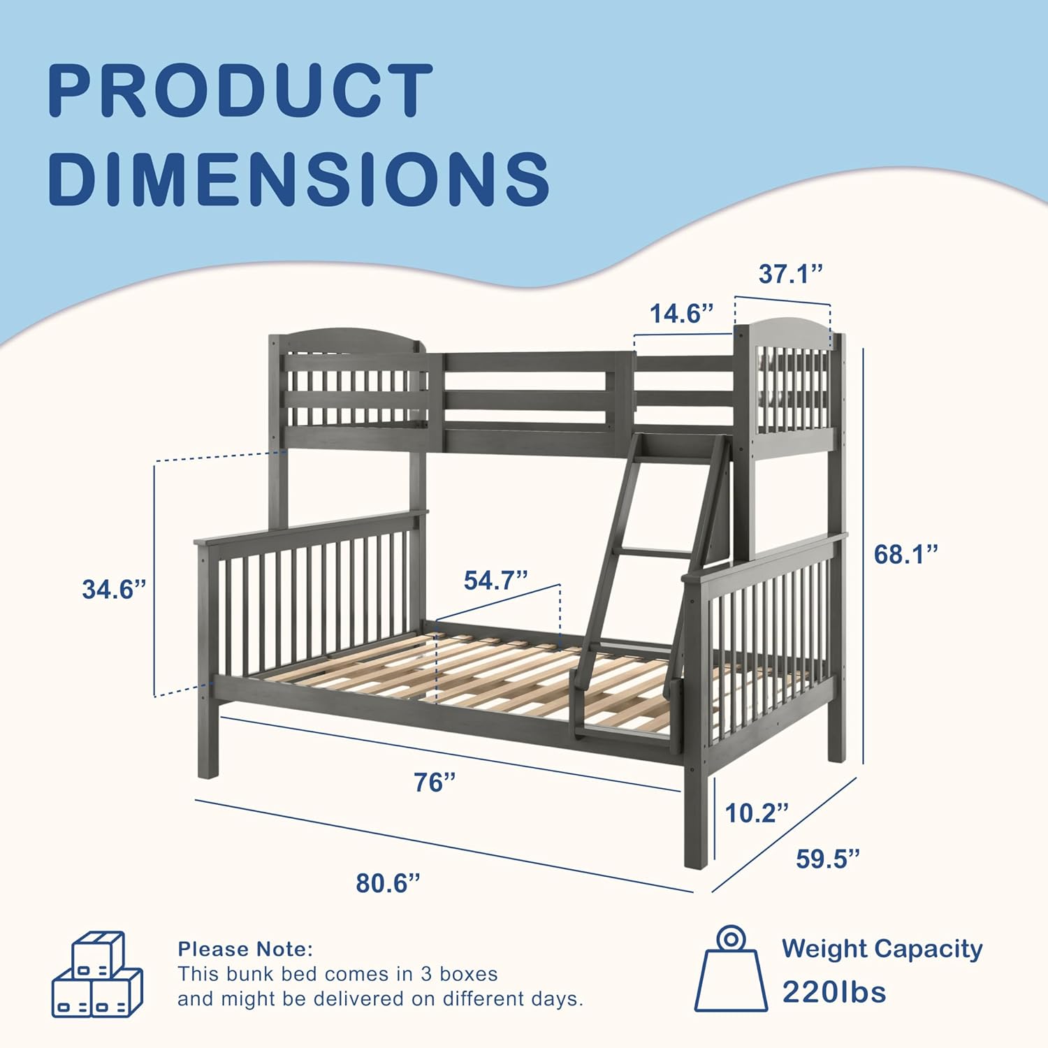 Lit superposé amovible en bois d'hévéa Eloise Twin Over Full de Furniture of America avec échelle et garde-corps de sécurité, gain de place pour chambre d'enfant, chambre d'amis, gris