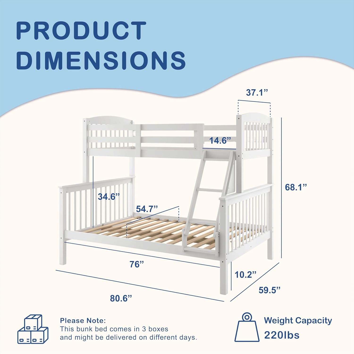 Lit superposé amovible en bois d'hévéa Eloise Twin Over Full de Furniture of America avec échelle et garde-corps de sécurité, gain de place pour chambre d'enfant, chambre d'amis, petits espaces, blanc