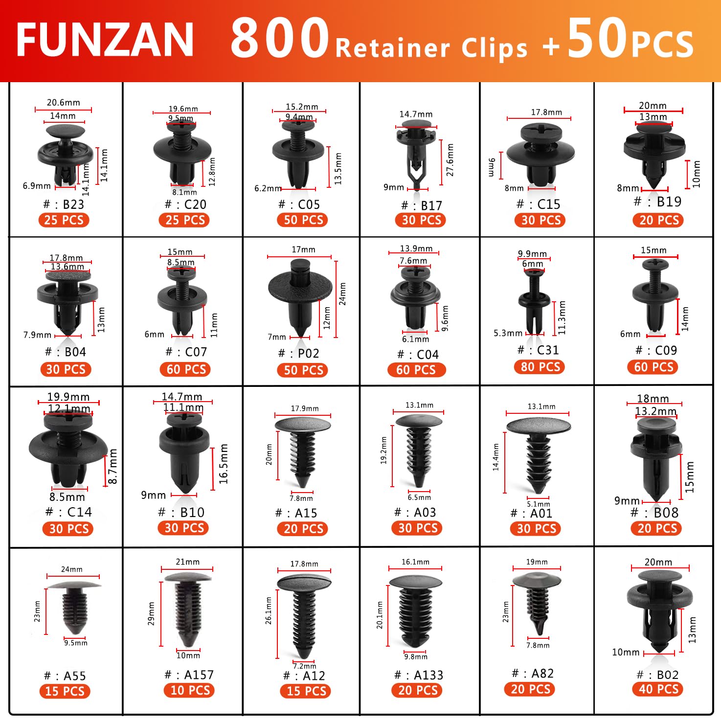 Funzan 850PCS Car Clips for GM Toyota Ford Honda Chrysler Acura Car Retainer Clips Plastic Rivets Xmas Tree Retainer Clips Bumper Push Pin Clips with 15 Cable Ties Fastener Remover