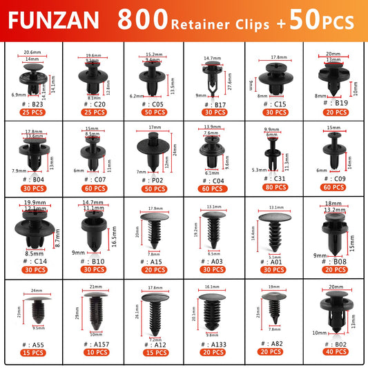 Funzan 850PCS Car Clips for GM Toyota Ford Honda Chrysler Acura Car Retainer Clips Plastic Rivets Xmas Tree Retainer Clips Bumper Push Pin Clips with 15 Cable Ties Fastener Remover