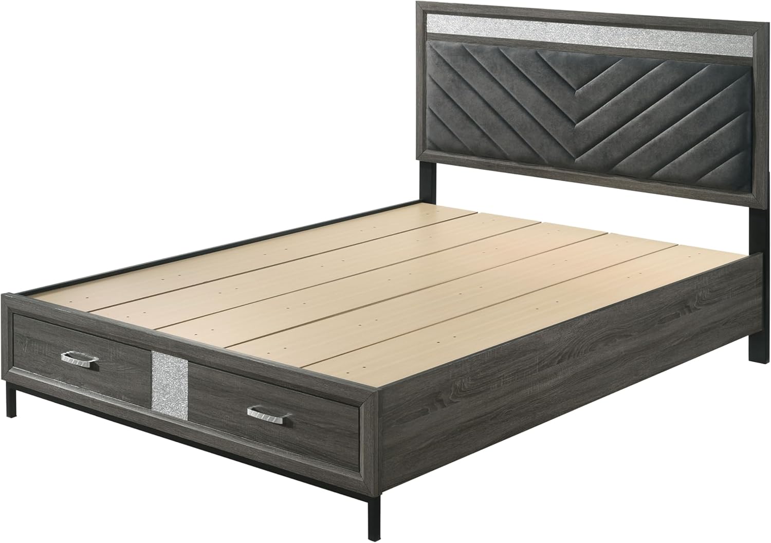 Ensemble de chambre à coucher 5 pièces à cadre en bois Kindering de Furniture of America, tiroirs de rangement pour pied de lit queen-size et tête de lit rembourrée, rangement pour bijoux sur caisse, prêt pour matelas, gris