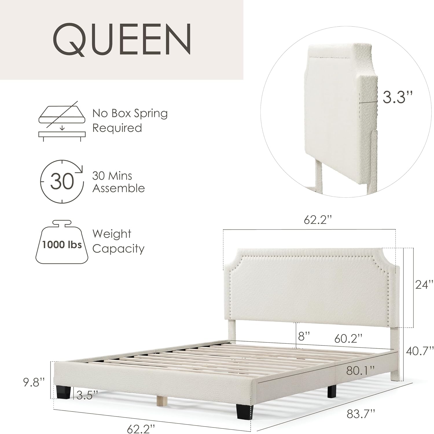 Furniture of America Vivienne Modern Boucle Cadre de lit plateforme Queen avec tête de lit réglable et pieds en bois massif pour chambre à coucher, chambre d'amis, assemblage facile, pas besoin de sommier, blanc