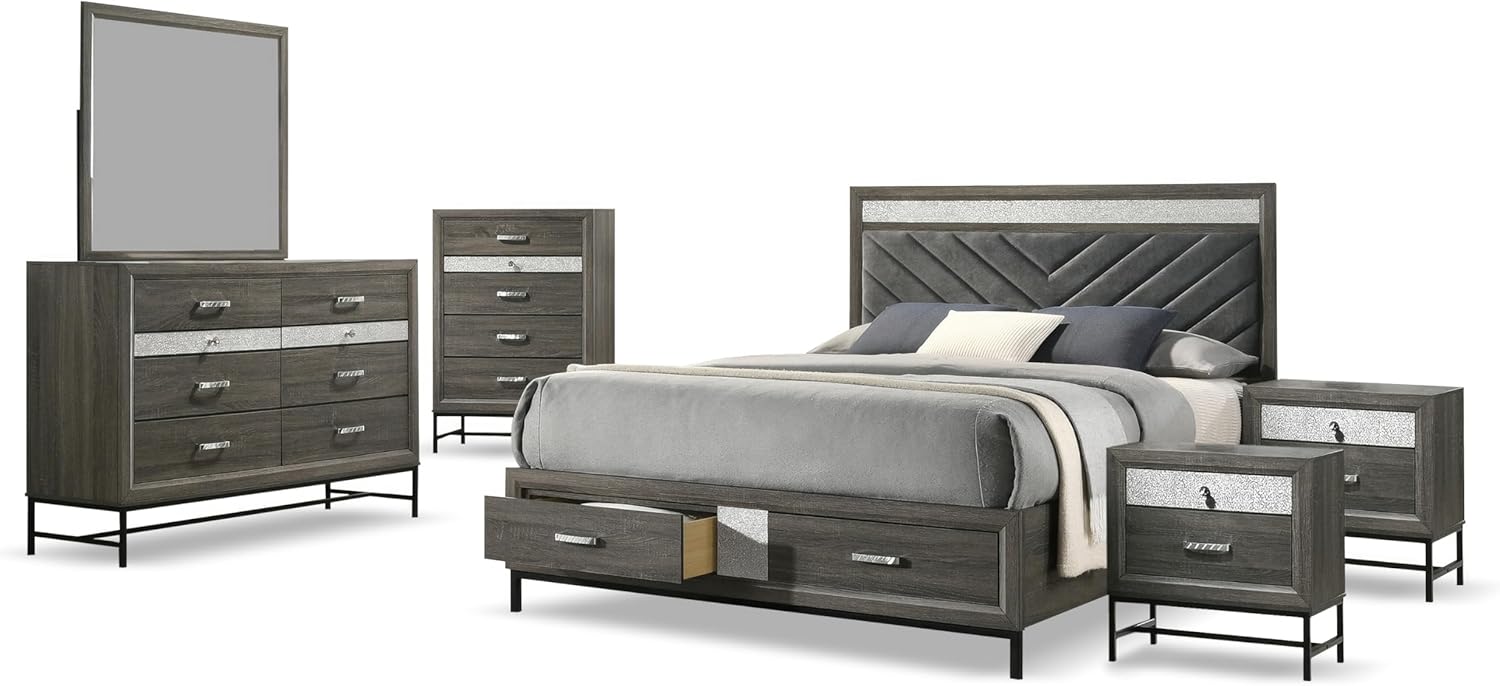 Ensemble de chambre à coucher 5 pièces à cadre en bois Kindering de Furniture of America, lit double avec tiroirs de rangement au pied du lit et tête de lit rembourrée, rangement pour bijoux sur caisse, prêt pour matelas, gris