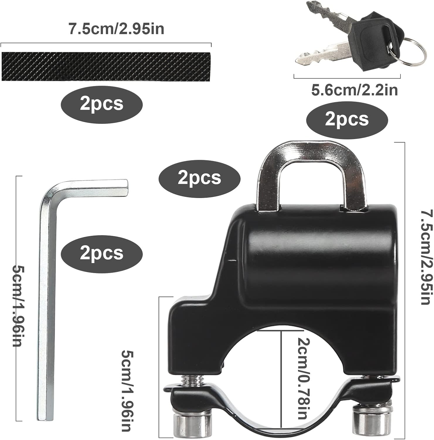 Motorbike Helmet Lock, 2 Piece Universal Motorcycle Helmet Lock with Key, Handlebar Helmet Lock Set for Motorcycle Bike Scooter 22-25mm Handlebar Hose Black