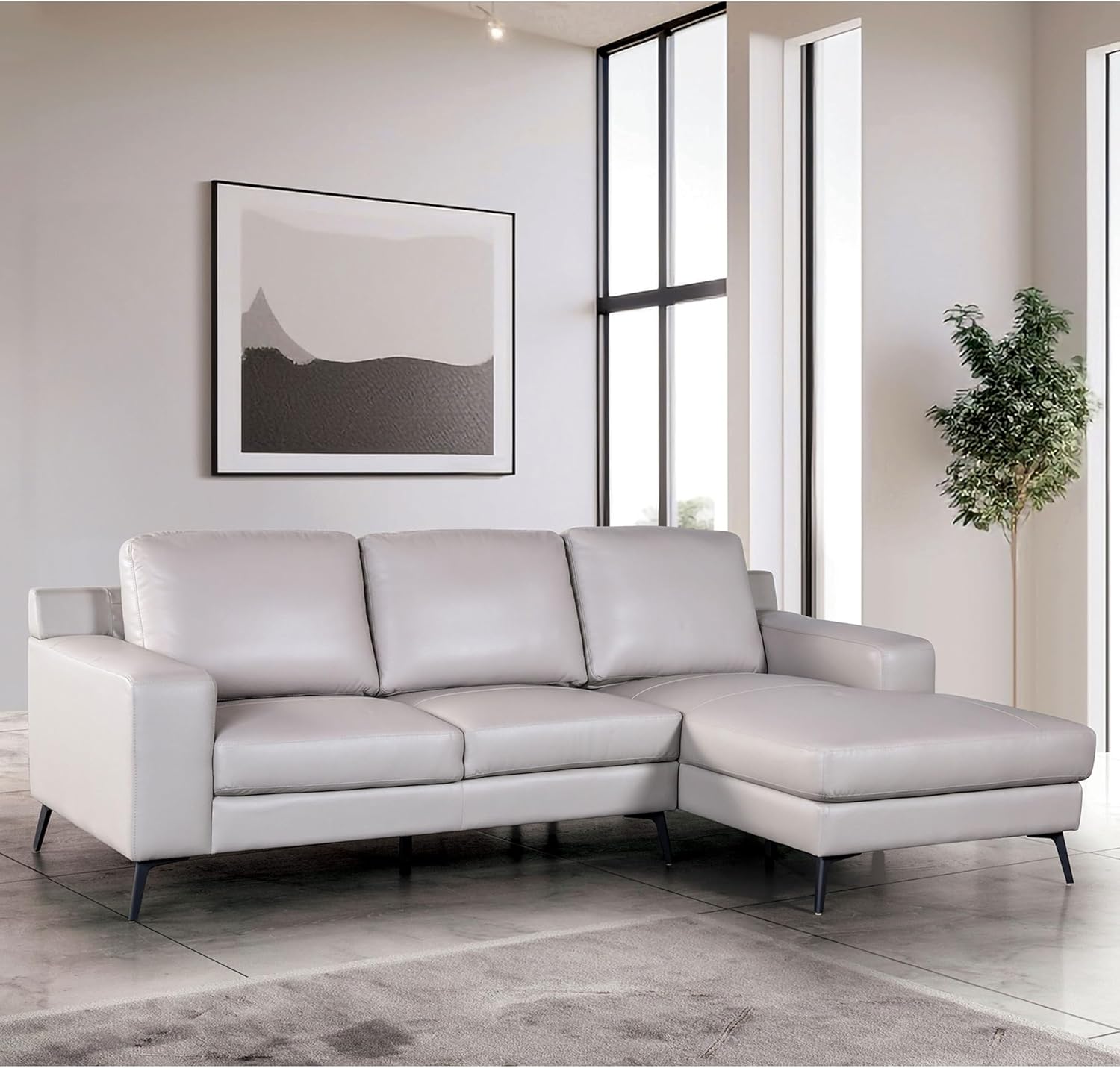 Furniture of America Ronan Modern Leather Sectional Sofa with Chaise and Pillows, L Shaped Couch for Living Room, Bedroom, FSC Certified, Right-Facing, Light Gray