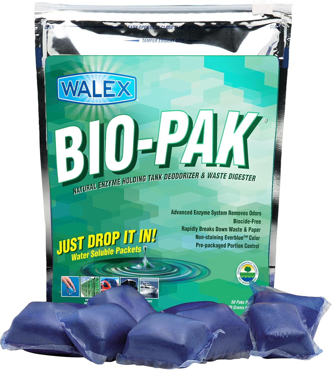 Walex BIOBLUBG Bio-Pak Natural Holding Tank Deodorizer and Waste Digester Drop-Ins, Mint Scent (Pack of 50)