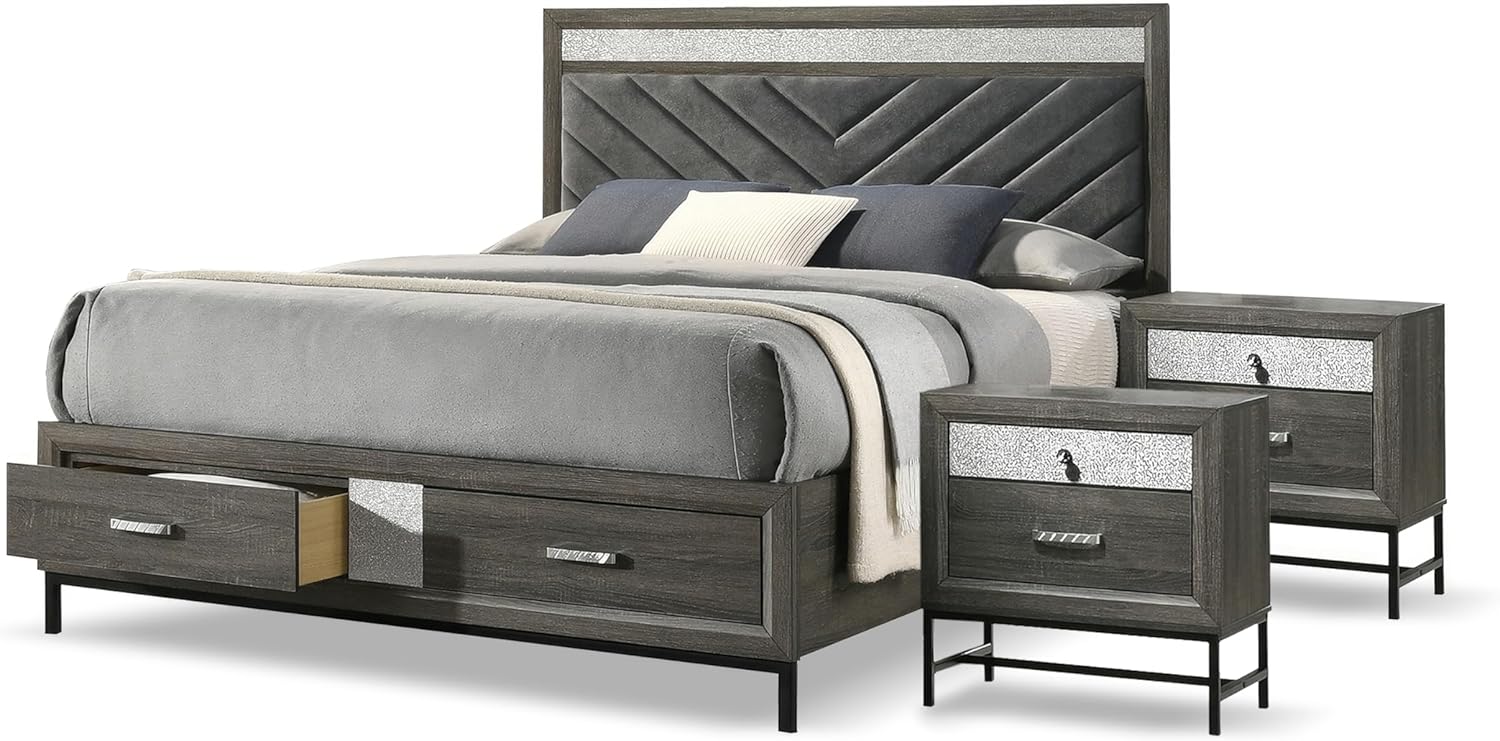 Ensemble de chambre à coucher 5 pièces à cadre en bois Kindering de Furniture of America, tiroirs de rangement pour pied de lit queen-size et tête de lit rembourrée, rangement pour bijoux sur caisse, prêt pour matelas, gris