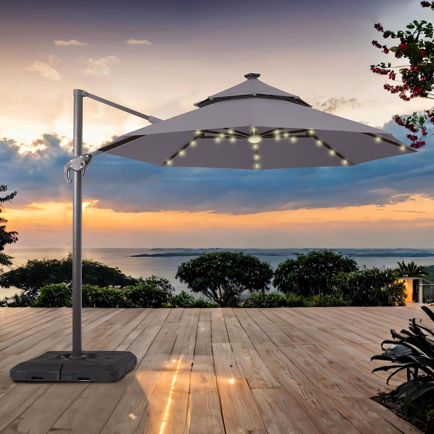 Furniture of America Vauren 10 ft Outdoor Patio Umbrella, LED Light, UV-resistant, Tilt, Crank, Double Canopy, Solar Panel for Yard, Porch, Pool, Deck, Garden, Grey