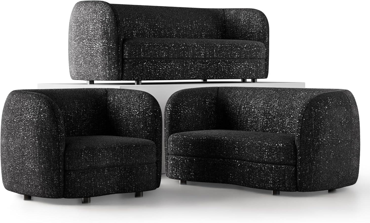 Furniture of America Nimiane Modern Boucle Seating with Curved Arms and Wooden Legs, Comfy Fabric Upholstered for Living Room, Bedroom, Home Office, 1-Seat + 2-Seat + 3-Seat, Black