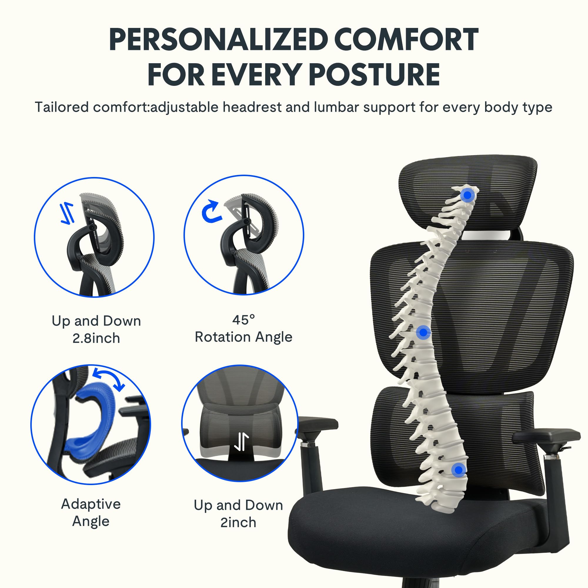 FLEXISPOT OC4 Office Chair,Big and Tall Mesh Computer Desk Chair,Ergonomic Task Chair with Adjustable Lumbar Support,Headrest,Armrests and 360°Rotation for Home Office,Video Game,Black