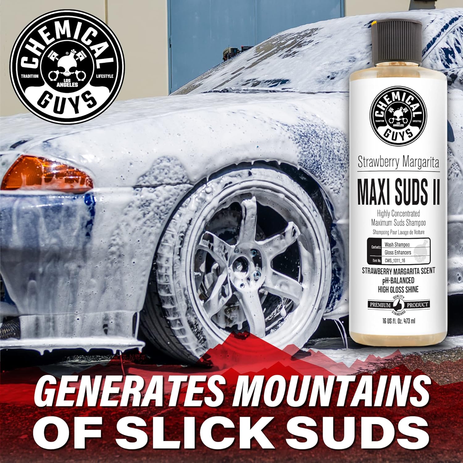 Chemical Guys CWS_1011_16 Maxi-Suds II Foaming Car Wash Soap (Works with Foam Cannons, Foam Guns or Bucket Washes) Safe for Cars, Trucks, Motorcycles, RVs & More, 16 fl oz, Strawberry Scent