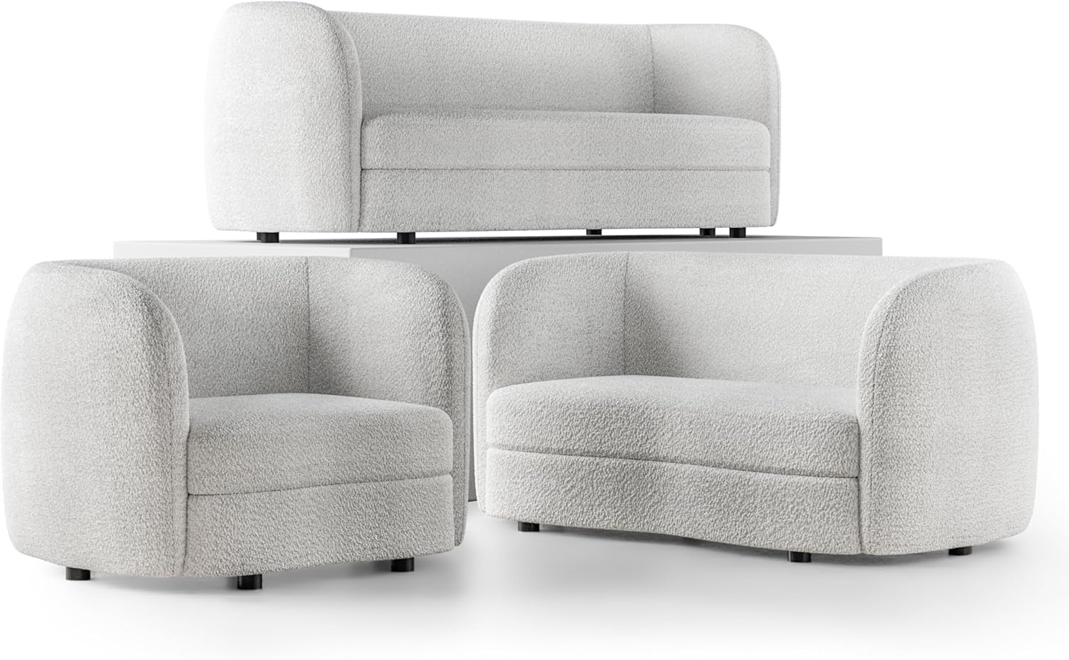 Furniture of America Nimiane Modern Boucle 3 Piece Sofa Set with Curved Arms and Wooden Legs, Accent Furniture Sets for Living Room, Home Office, Bedroom, Lounge, Off-White