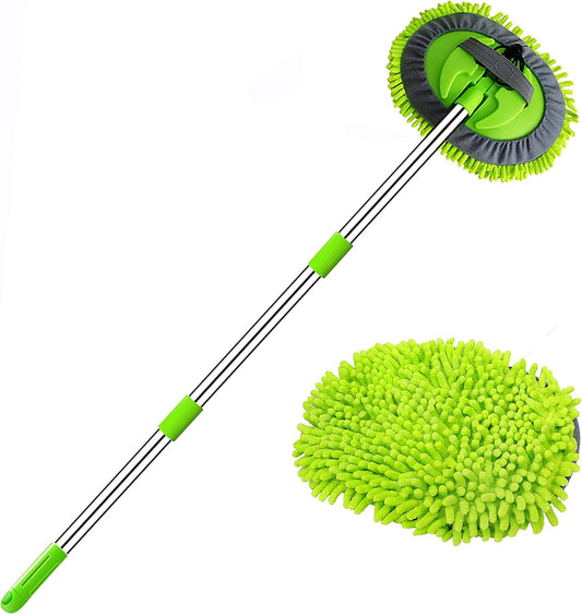 WillingHeart 47.5" Car Wash Brush Mop Cleaning Tool with Long Handle Kit for Washing Detailing Cars Truck, SUV, RV, Trailer, Boat 2 in 1 Chenille Microfiber Sponge Duster Not Hurt Paint Scratch Free