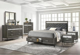 Ensemble de chambre à coucher 5 pièces à cadre en bois Kindering de Furniture of America, lit double avec tiroirs de rangement au pied du lit et tête de lit rembourrée, rangement pour bijoux sur caisse, prêt pour matelas, gris