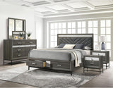 Ensemble de chambre à coucher 5 pièces à cadre en bois Kindering de Furniture of America, tiroirs de rangement pour pied de lit queen-size et tête de lit rembourrée, rangement pour bijoux sur caisse, prêt pour matelas, gris