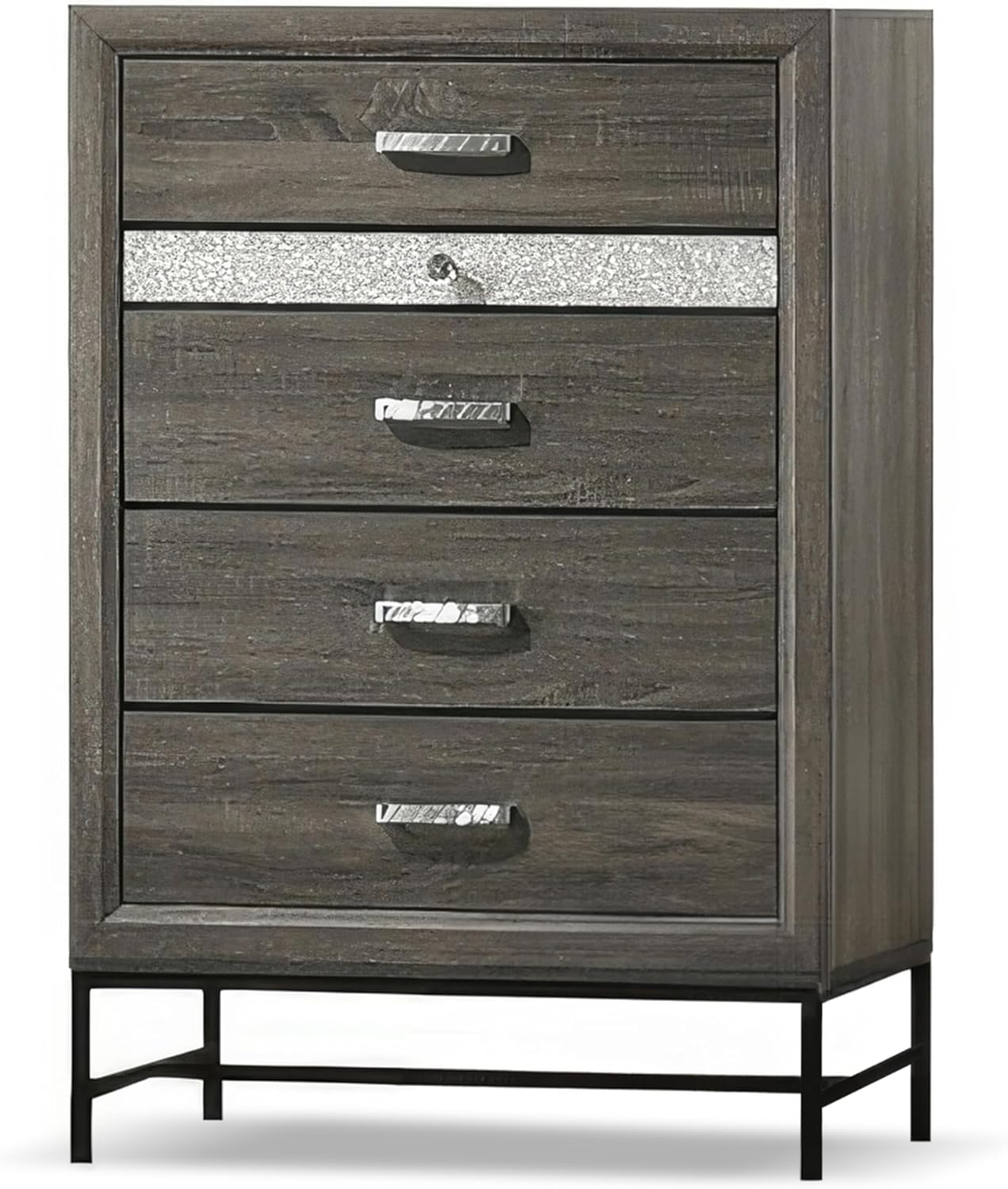 Ensemble de chambre à coucher 5 pièces à cadre en bois Kindering de Furniture of America, lit double avec tiroirs de rangement au pied du lit et tête de lit rembourrée, rangement pour bijoux sur caisse, prêt pour matelas, gris