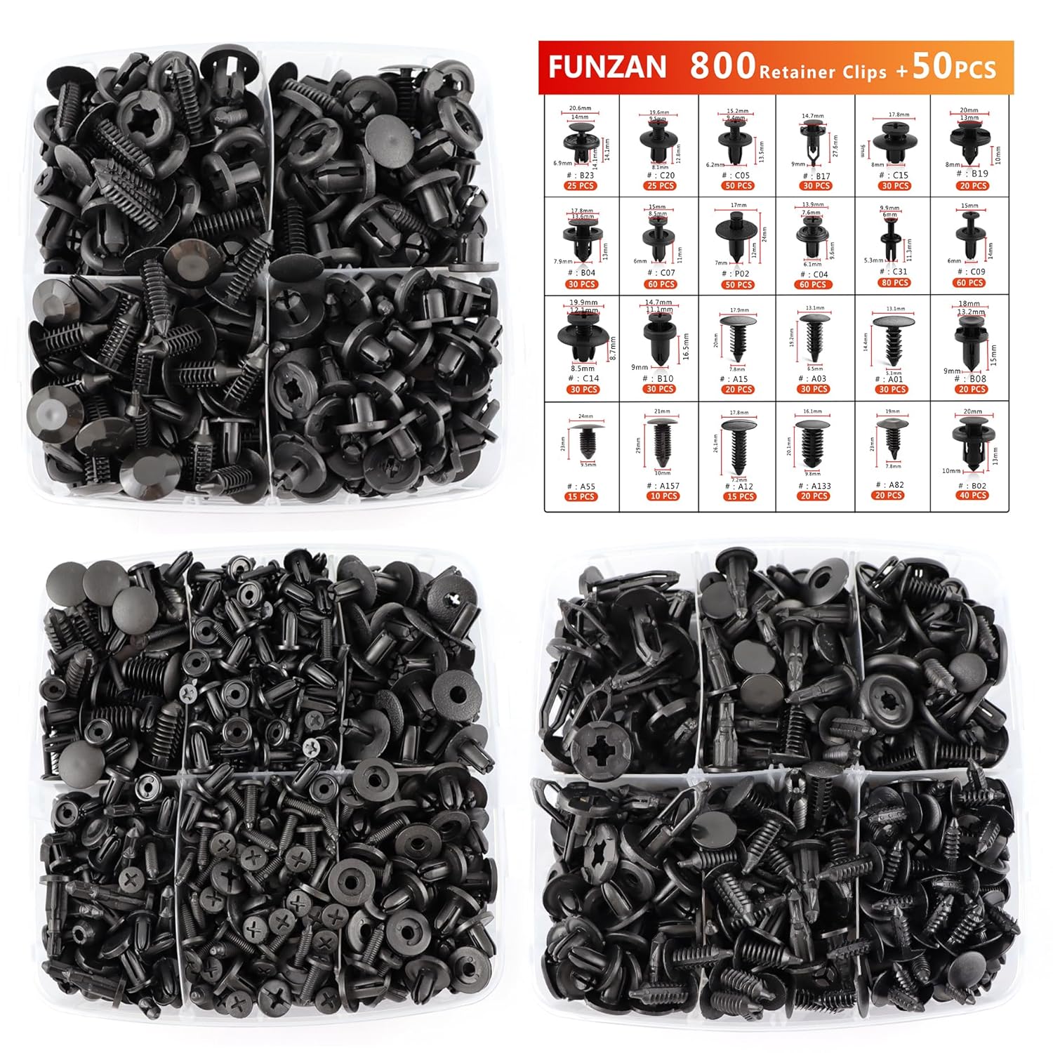 Funzan 850PCS Car Clips for GM Toyota Ford Honda Chrysler Acura Car Retainer Clips Plastic Rivets Xmas Tree Retainer Clips Bumper Push Pin Clips with 15 Cable Ties Fastener Remover