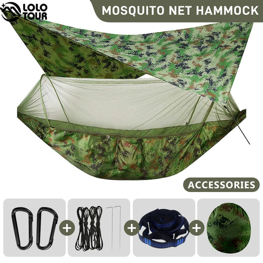 Camping Hammock With Mosquito Net and Rain Fly Portable Double Hammock With Bug Net and Tent Tarp Tree Straps for Travel Camping