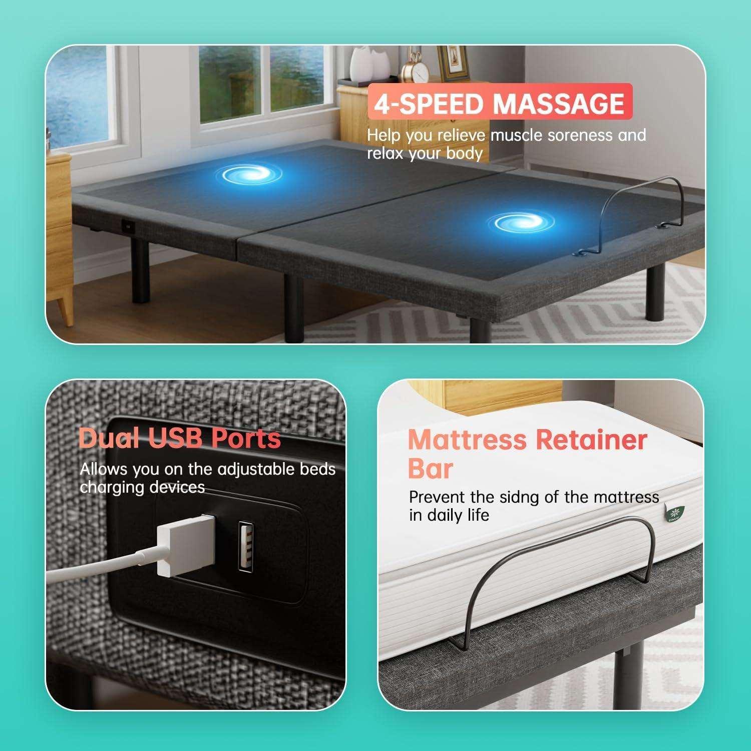 Adjustable Bed Frame with Head and Foot Articulation, Massage, and Wireless Remote Control - Furniture4Design