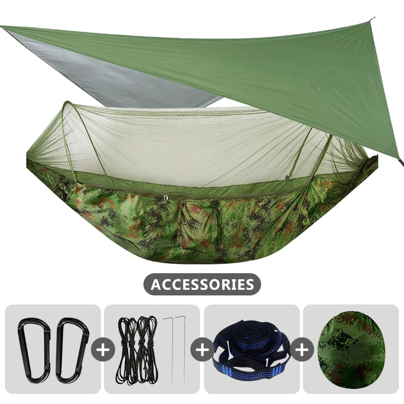 Camping Hammock With Mosquito Net and Rain Fly Portable Double Hammock With Bug Net and Tent Tarp Tree Straps for Travel Camping