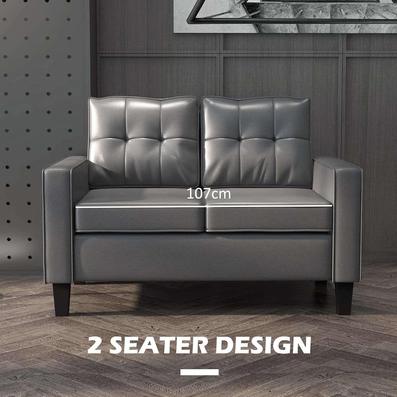 Elegant 51 Double Seater PU Leather Loveseat in Grey with Armrests and Tufted Backrest - Furniture4Design