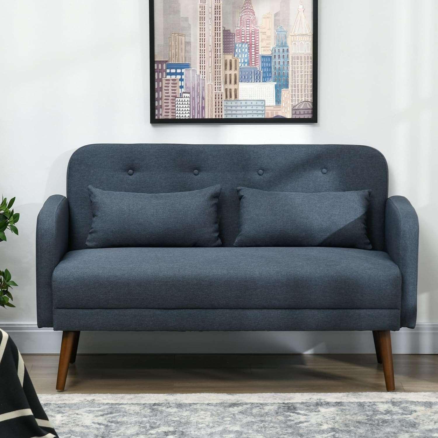 Elegant 53 Dark Blue Tufted Loveseat Sofa with Solid Wood Frame - Furniture4Design