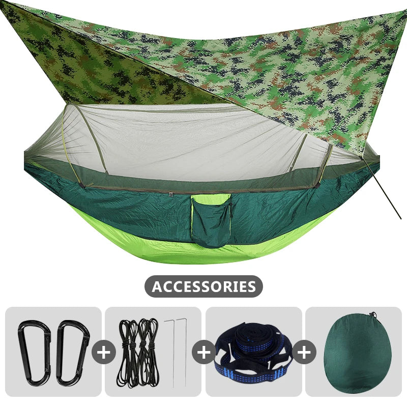 Camping Hammock With Mosquito Net and Rain Fly Portable Double Hammock With Bug Net and Tent Tarp Tree Straps for Travel Camping