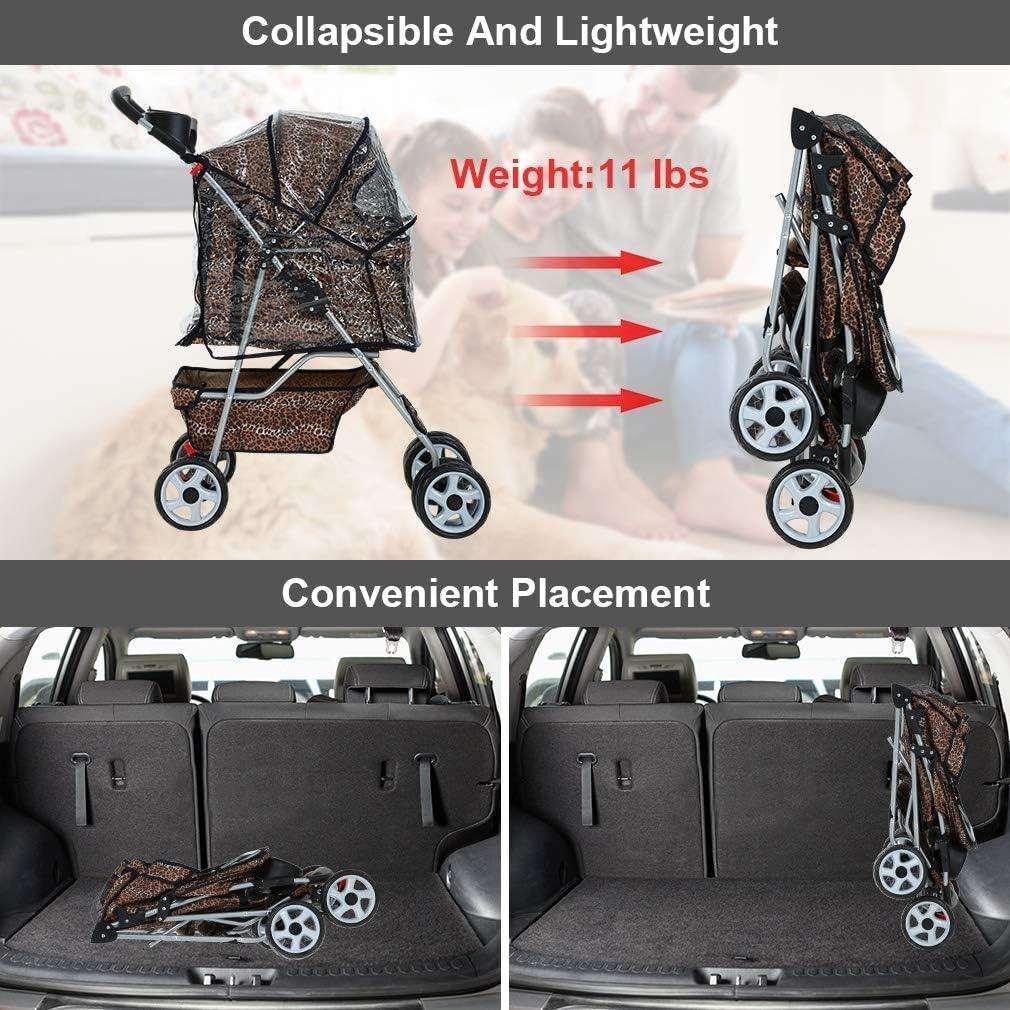 Folding Pet Stroller for Cats and Dogs with Rain Cover - Leopard Skin Pattern - Furniture4Design