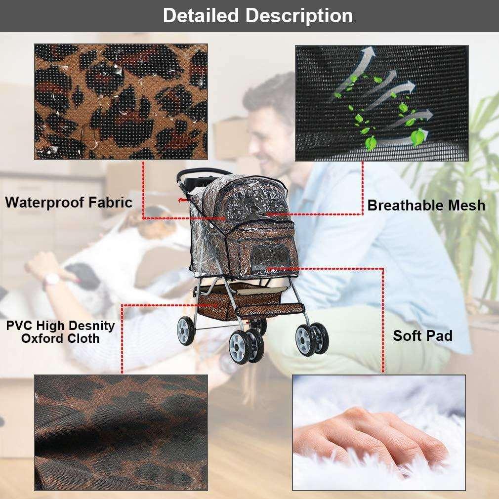 Folding Pet Stroller for Cats and Dogs with Rain Cover - Leopard Skin Pattern - Furniture4Design