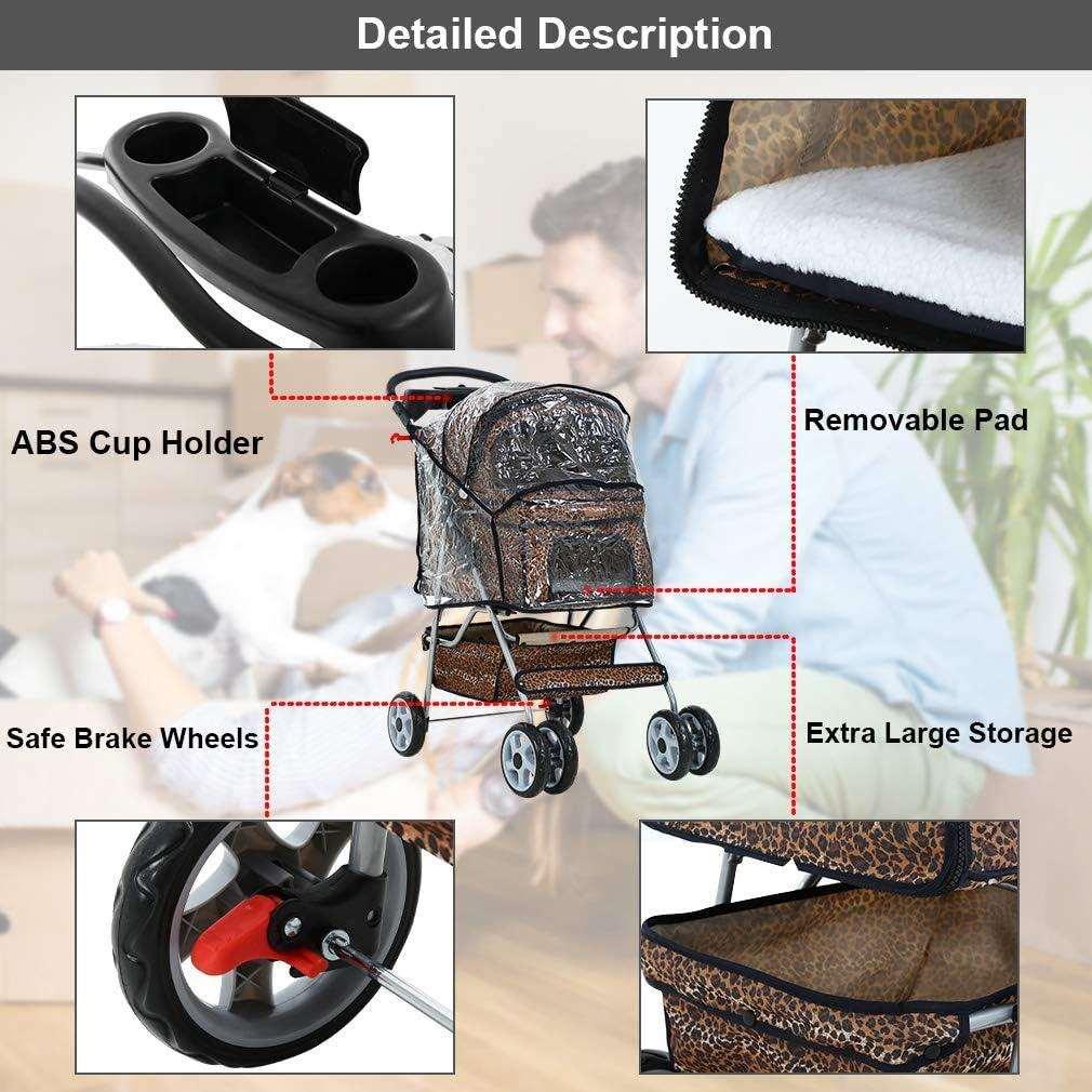 Folding Pet Stroller for Cats and Dogs with Rain Cover - Leopard Skin Pattern - Furniture4Design