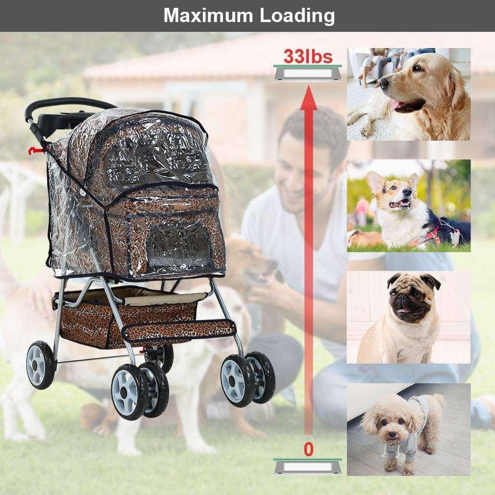 Folding Pet Stroller for Cats and Dogs with Rain Cover - Leopard Skin Pattern - Furniture4Design