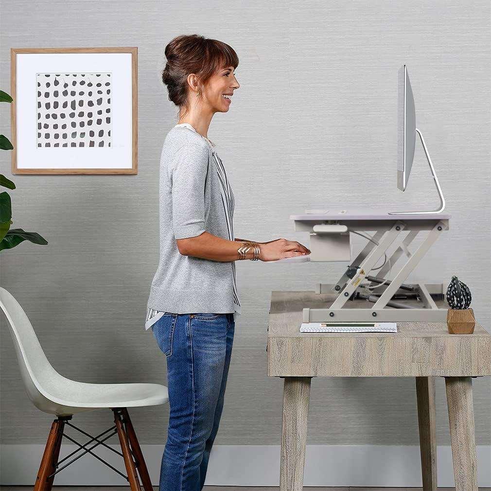 Height Adjustable Standing Desk Riser with Dual Monitor and Keyboard Stand (White, 36 Inch) - Furniture4Design