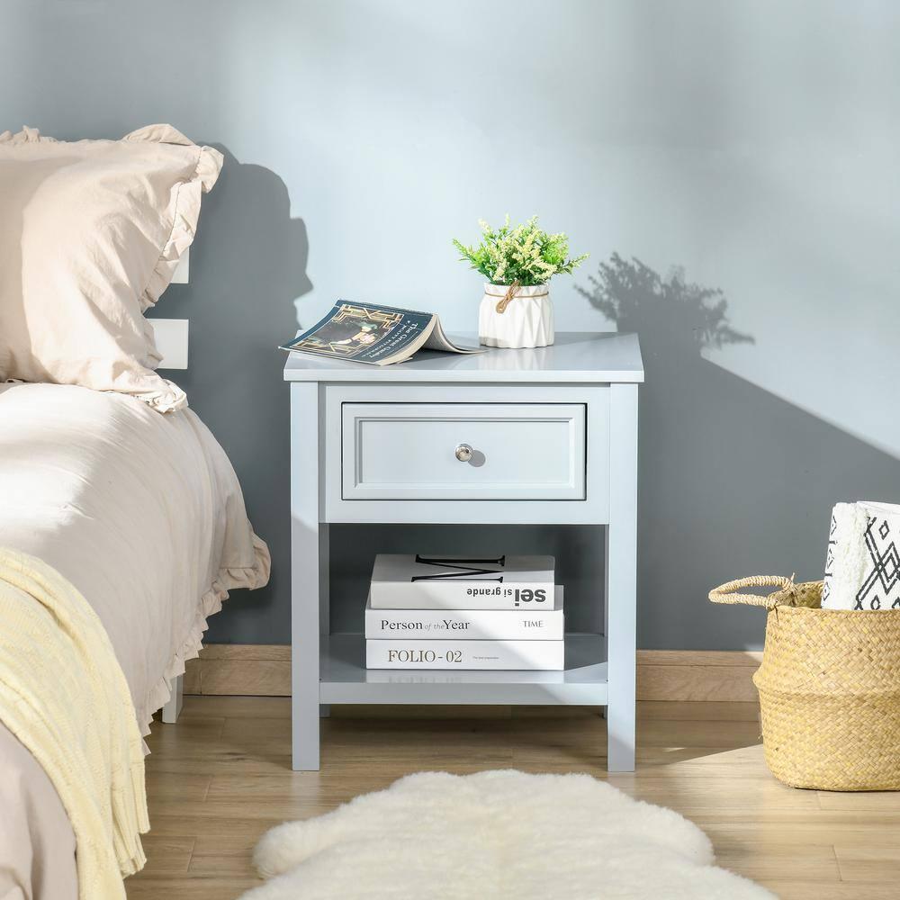 HOMCOM 21.75"H x 15"W x 19"D Wood Accent End Table 1 Drawer Gray Nightstand - Furniture4Design