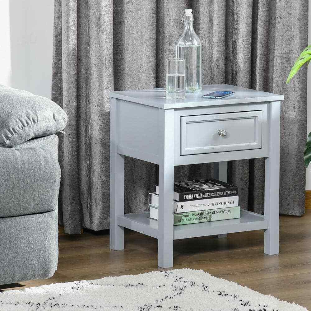 HOMCOM 21.75"H x 15"W x 19"D Wood Accent End Table 1 Drawer Gray Nightstand - Furniture4Design