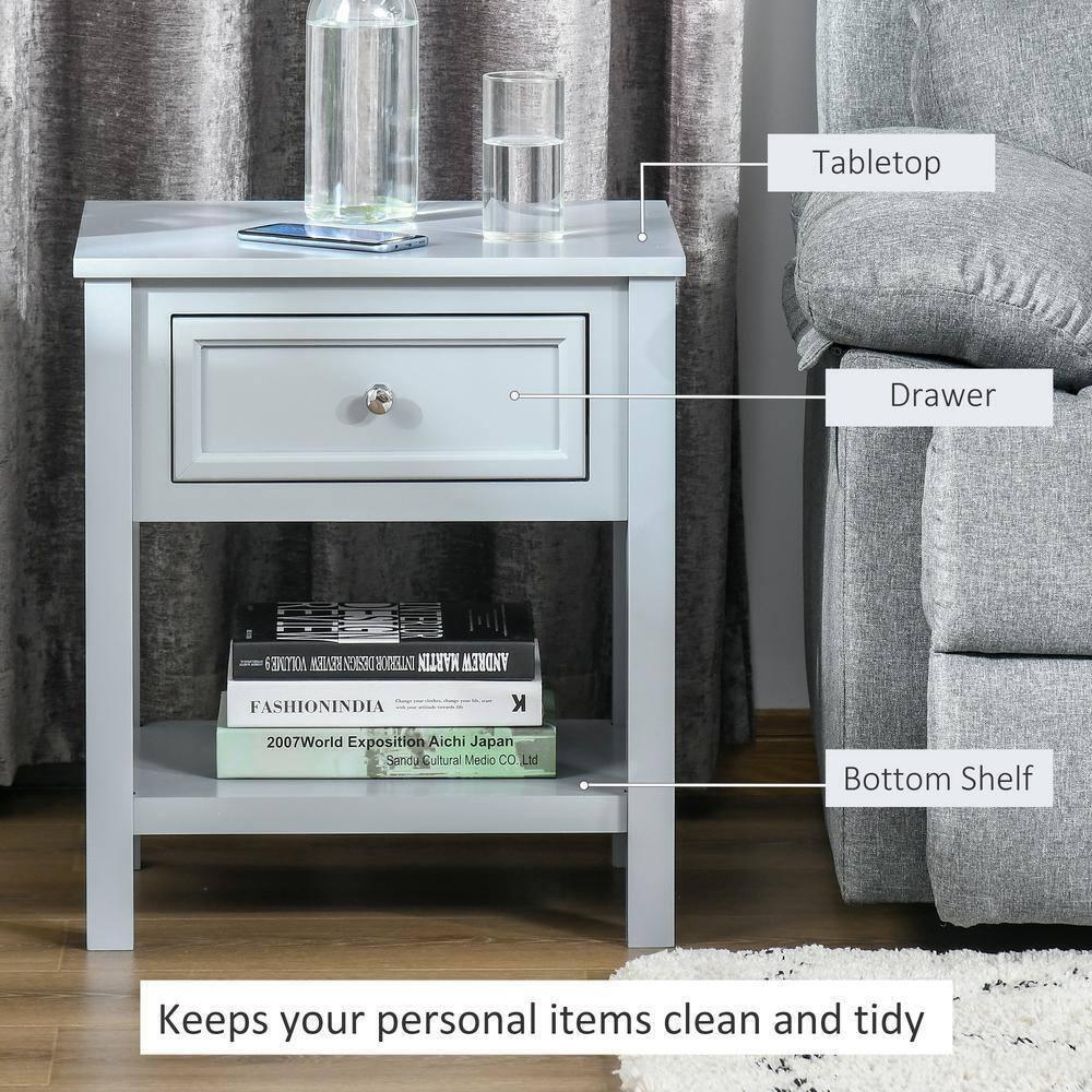 HOMCOM 21.75"H x 15"W x 19"D Wood Accent End Table 1 Drawer Gray Nightstand - Furniture4Design